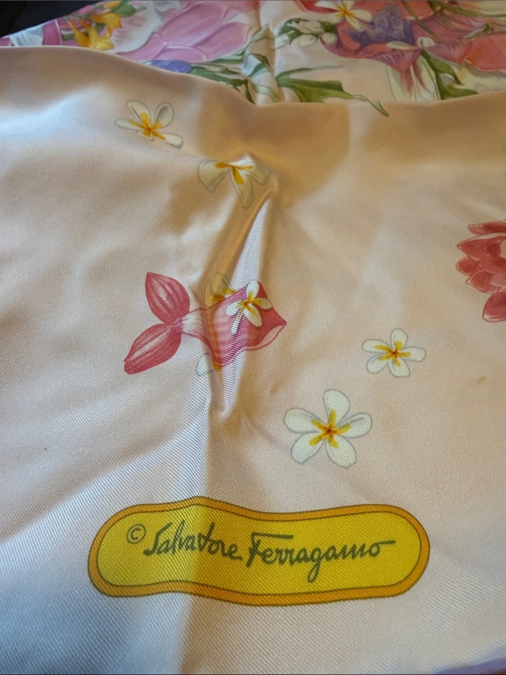 Salvatore Ferragamo Pink Floral Scarf with Yellow Logo Plaque